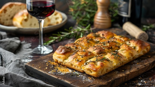 Wallpaper Mural gourmet focaccia appetizer with a glass of red wine still life food photography Torontodigital.ca