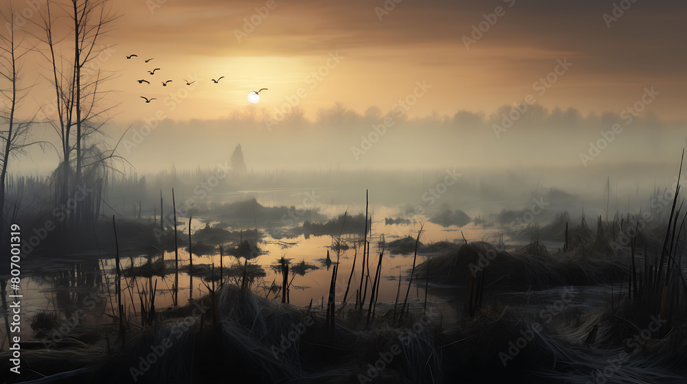 Foggy Marshlands: Describe the eerie beauty of mist-shrouded wetlands.