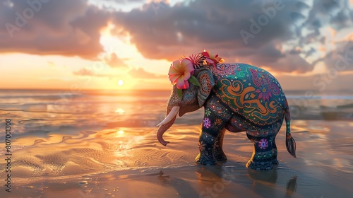 A cute, 3D-rendered baby elephant on the beach, decorated with a floral garland around its neck and intricate paisley patterns painted on its skin