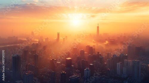 A beautiful sunset over aMeng Long De Cheng Shi . The warm colors of the sky and the soft light of the sun create a peaceful and serene scene. photo