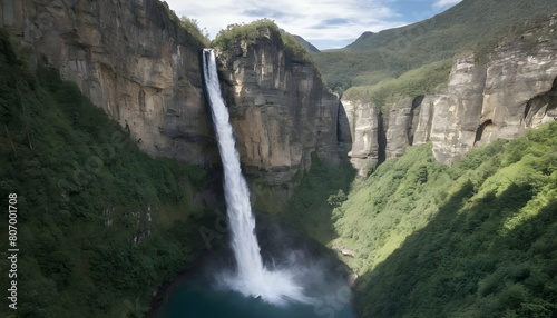 A cascading waterfall surrounded by towering cliff upscaled 3