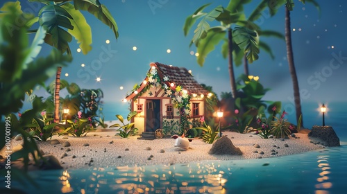 An adorable mini island on a beach, with a small cottage decorated with fairy lights and floral patterns