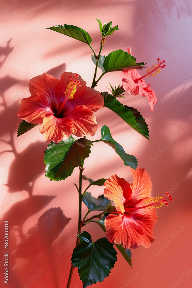 tropical hibiscus flowers tree branch on plain pink color wall with shadows and sunlight tropical hibiscus flowers tree branch on plain pink color wall with shadows and sunlight