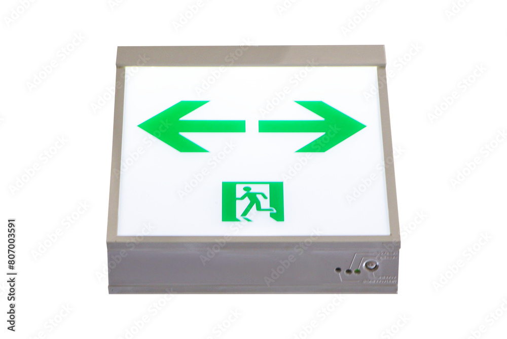 Fire exit green emergency exit signs isolated on cut out PNG. Warning plate with running man icon and arrow to left, right way. Fire escape sign hang on ceiling in dark building near stairway. Fire exit green emergency exit signs isolated on cut out PNG. Warning plate with running man icon and arrow to left, right way. Fire escape sign hang on ceiling in dark building near stairway.
