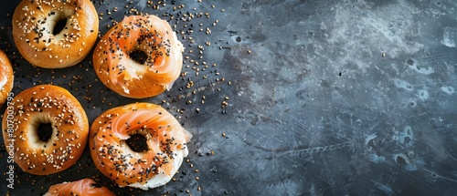 Relish the taste of a New Yorkstyle bagel, generously topped with cream cheese and salmon, with a solid background and copy space on center for advertise photo