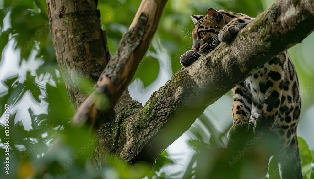 A clouded leopard climbing a tree with ease, scanning for its next meal from above A clouded leopard climbing a tree with ease, scanning for its next meal from above