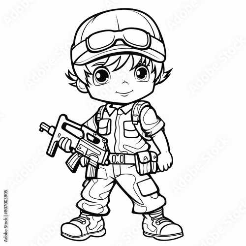 cute soldier kid's coloring page outline on white background 