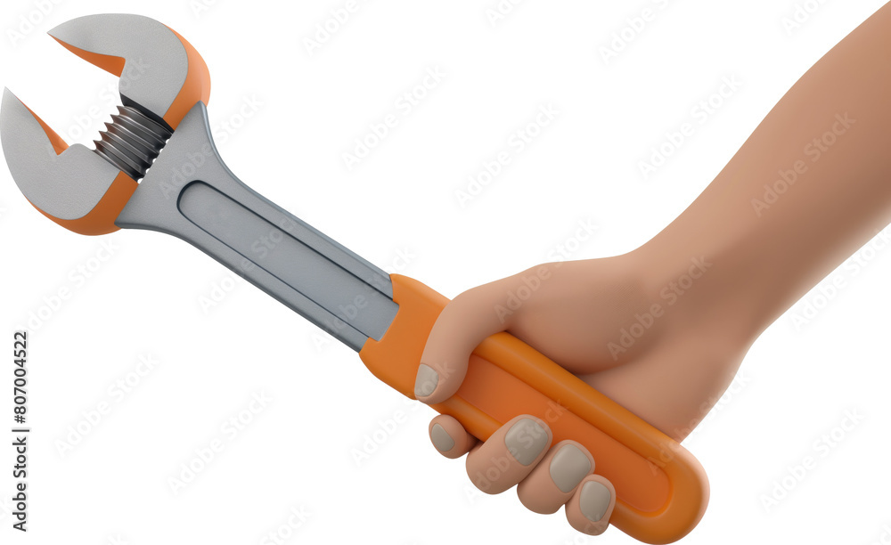3D illustration of cartoon human hand holds spanner wrench isolated. 3D illustration of cartoon human hand holds spanner wrench isolated.