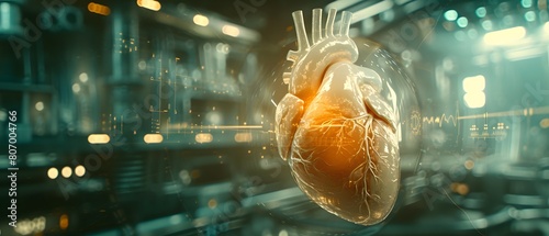 An example of a human heart, white, with an orange light glowing inside. with holographic images and heartbeat signals in the lab, Generative Ai photo