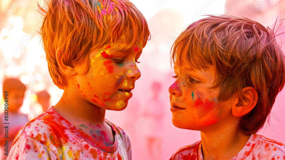Couple of young boys standing next to each other covered in colored paint. Couple of young boys standing next to each other covered in colored paint.