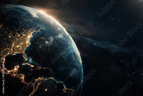 The Earth, depicted with glowing network lines connecting continents, emphasizes global connectivity in a digital age, Sharpen with copy space