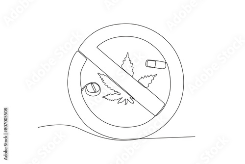 Single continuous line drawing of Symbol of prohibited use of drugs. anti dryg day. Medical healthcare conceptual. National Pharmacist Day. Vector illustration
