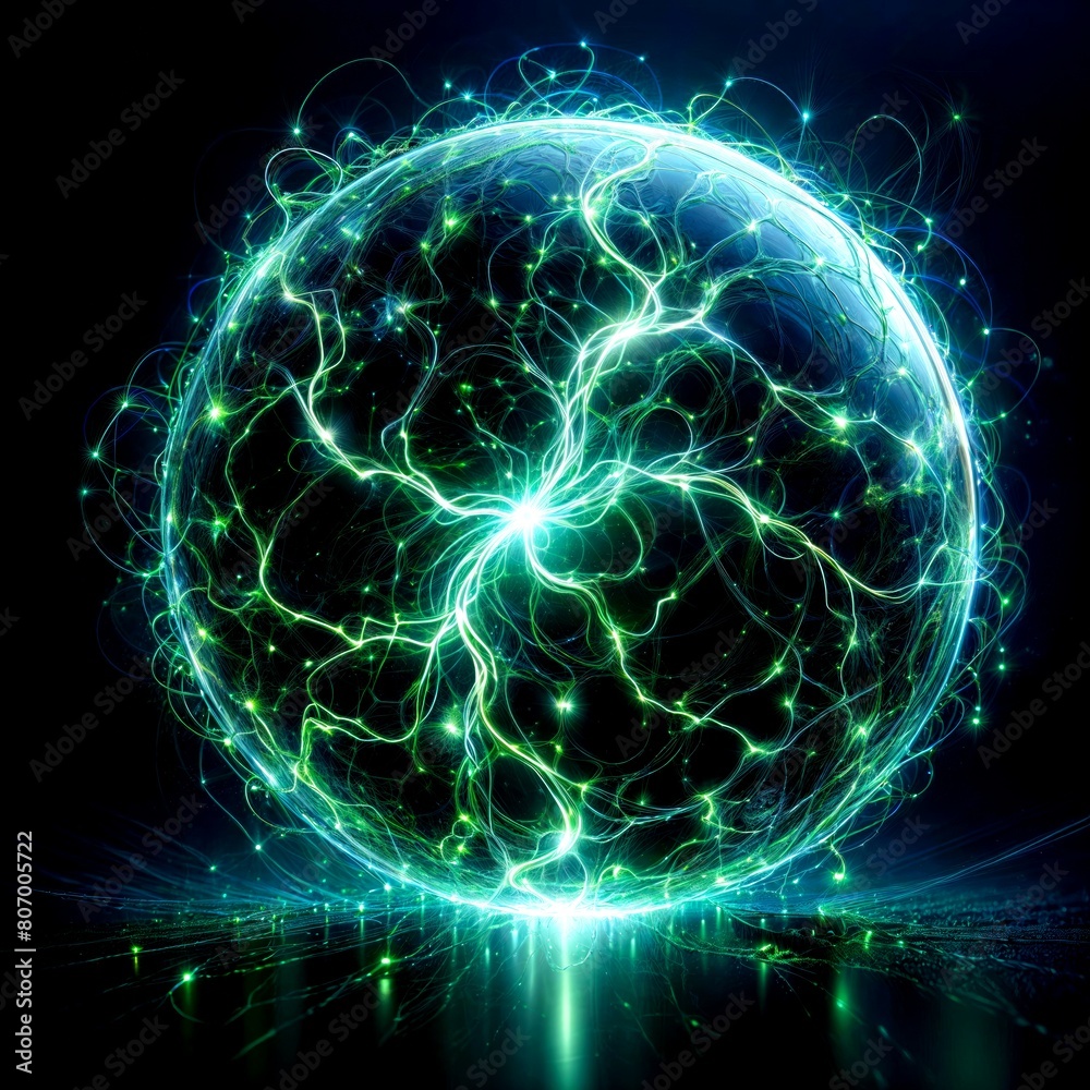 Green Energy Orb with Lightning on Dark Background Green Energy Orb with Lightning on Dark Background