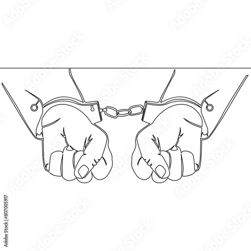 Continuous one single line drawing handcuffed prisoner Hands in handcuffs icon vector illustration concept