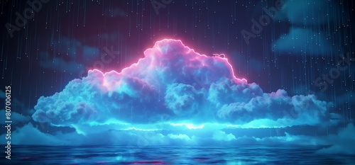 A white neon cloud with rain falling from it floating in the dark. photo