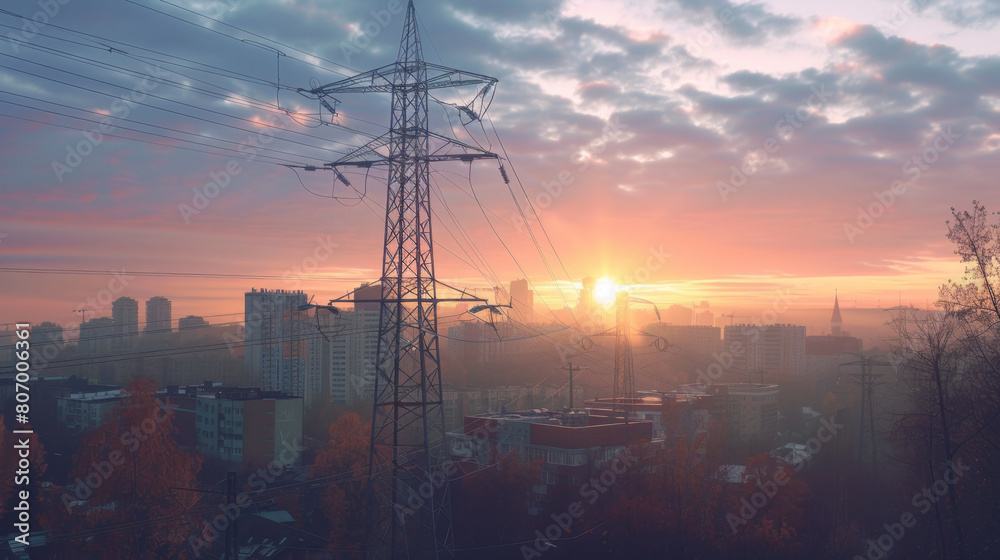 Highvoltage line, high Jeans lines and power towers against the background of sunset sky with city landscape in autumn time.