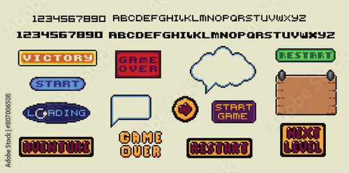 Pixel art frames. Retro 8 bit buttons, arrows, speech bubble messages and quote frame. Game UI vector template set of pixel game frame, 8 bit message illustration