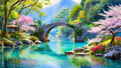 美しい川にかかる橋と桜 photo
