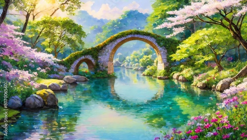 美しい川にかかる橋と桜 photo