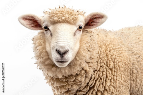 Portrait of a woolly sheep, showcasing its detailed fleece and gentle eyes, isolated on a white background.
