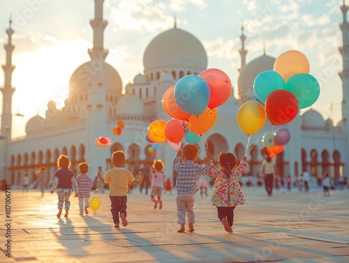 Children Running with Colorful Balloons at Sunset Near a Beautiful Mosque. Eid Al-Adha Mood. photo