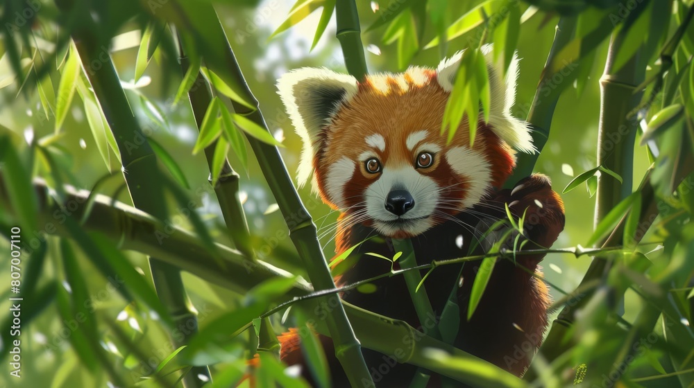 A curious red panda climbing bamboo stalks with agility, peeking through the leaves A curious red panda climbing bamboo stalks with agility, peeking through the leaves