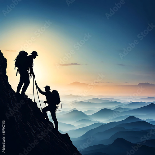 Help and assistance concept. Silhouettes of two people climbing on mountain and helping each other get to the top