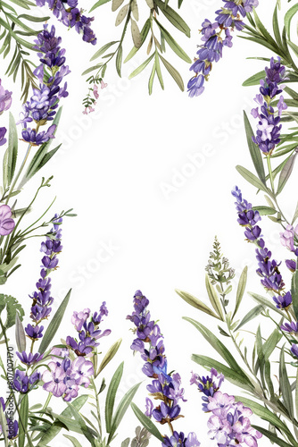 Botanical illustration of lavender flowers creating a border with center space for custom text background with copy space. invitation card