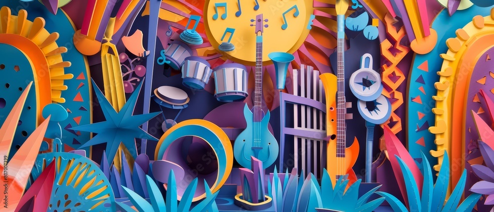 Wander through a festival paper art scene that captures the excitement of international music with abstract instruments Wander through a festival paper art scene that captures the excitement of international music with abstract instruments