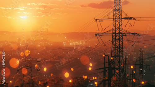 Highvoltage line, high Jeans lines and power towers against the background of sunset sky with city landscape in autumn time.