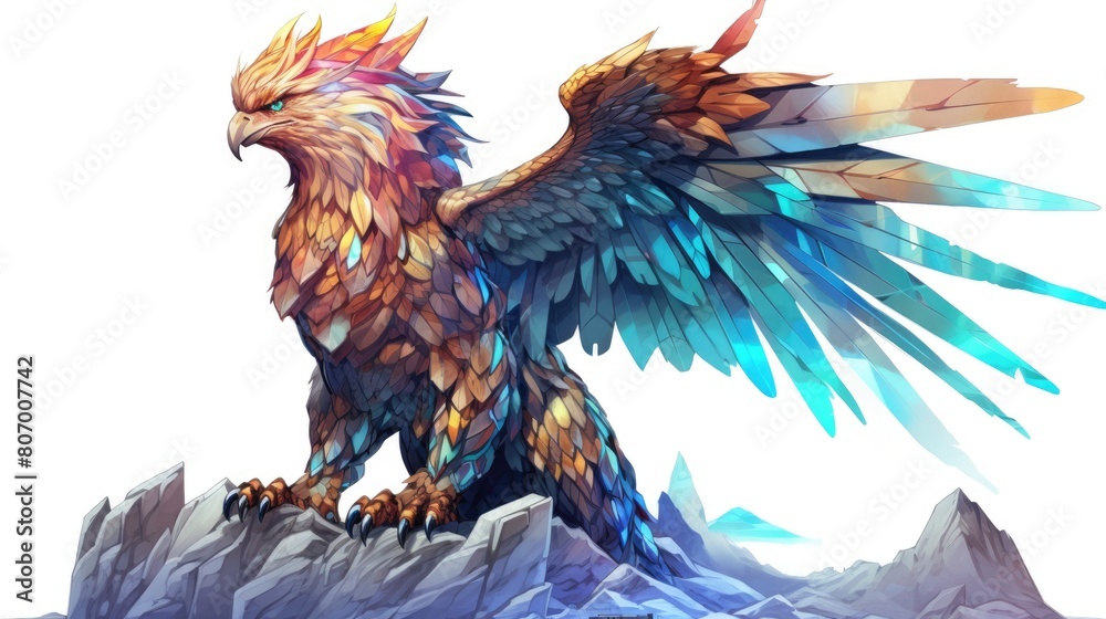 Obraz premium Crystalized gryphon watercolor illustration - Generative AI. Blue, white, gryphon, crystalized, wings.