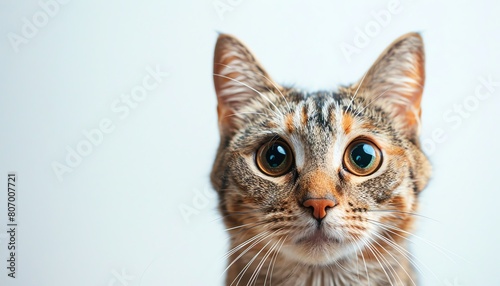 Depict a closeup of a cats face, with its eyes wide and curious, set against a clean, white background for maximum contrast. clean background