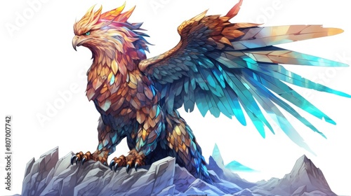 Crystalized gryphon watercolor illustration - Generative AI. Blue  white  gryphon  crystalized  wings.