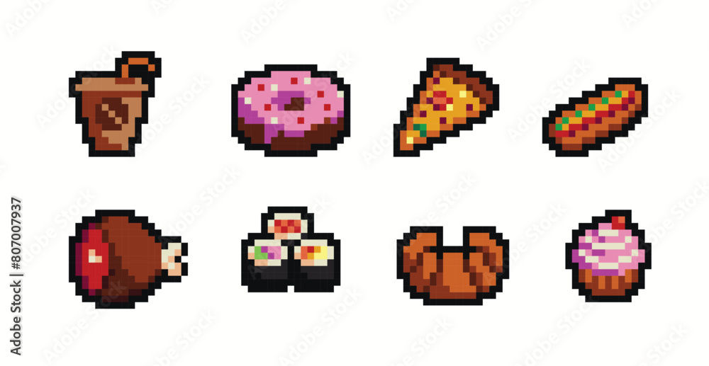 Restaurant dishes pixel art set. Meat, fast food collection. Food menu ...