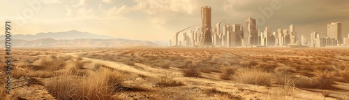 A lone wanderer traverses the desolate desert, a solitary figure against the backdrop of a ruined city