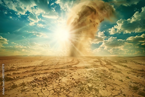 Depict an arid plain with a massive dust devil swirling amid a heatwave, with the sun blazing intensely in the sky. clean background