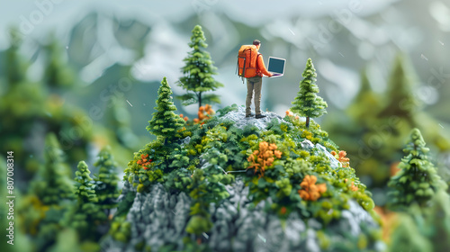 Isometric 3D Laptop Icon: Hiker on Mountain Summit Recording Geographical Data with Expansive Green Views photo