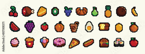 Food pixel art 80s style icons element design stickers, logo, mobile app, menu. Game assets 8-bit sprite sheet. Fast food, seafood, pastries, ice cream, meat, fruit vector illustration.