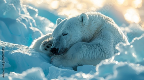 A polar bear is sleeping on top of a pile of snow photo