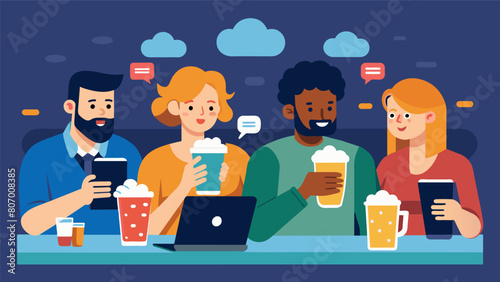 A group of friends at a bar sipping on pints of beer while consuming neverending servings of Sensationalist Soup from their social media feeds..