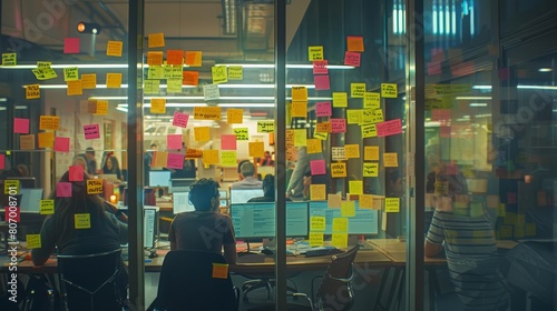 Wide angle capturing an entire department crammed into a glassenclosed alcove for an intensive sticky note hackathon