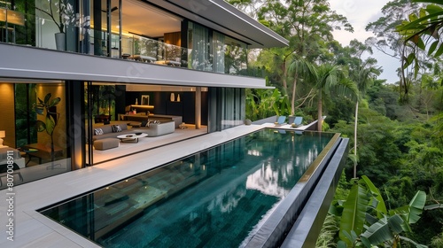 L-shaped pool complements a contemporary home with floor-to-ceiling windows in a green setting. photo