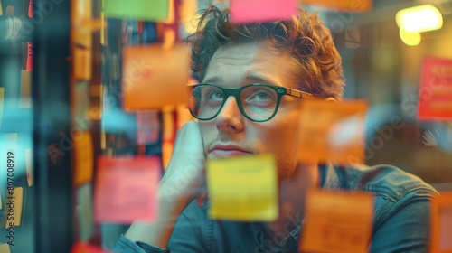 Contemplative scene of a glassesclad associate quietly curating scattered sticky note concepts into a cohesive flow on glass photo