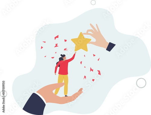 winning businesswoman standing on big hand getting star reward.flat vector illustration.