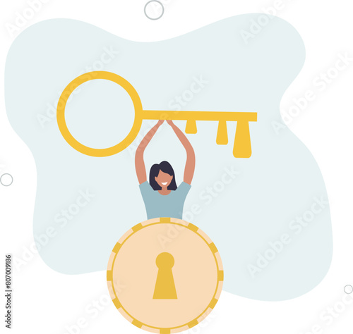 smart businesswoman investor holding huge golden key to unlock coin keyholeflat vector illustration.