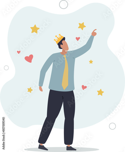businessman admire himself and proud of his crown with love and stars around.flat vector illustration.