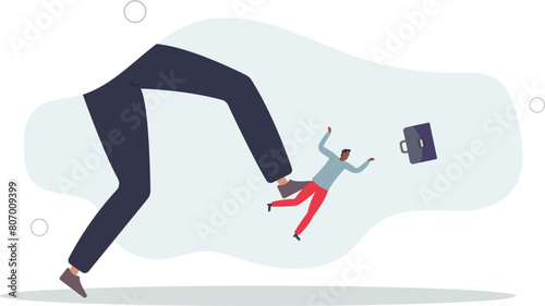angry giant boss kick fired businessman employee away form office.flat vector illustration.