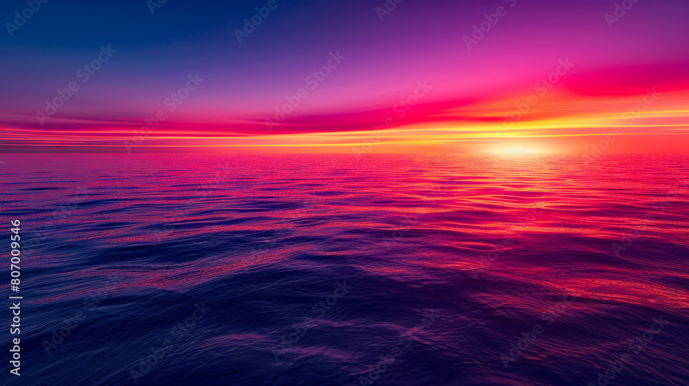 A beautiful sunset over the ocean with a pink and purple sky