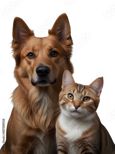 Portrait of Happy dog and cat that looking at the camera together isolated on transparent background  friendship between dog and cat  amazing friendliness of the pets.