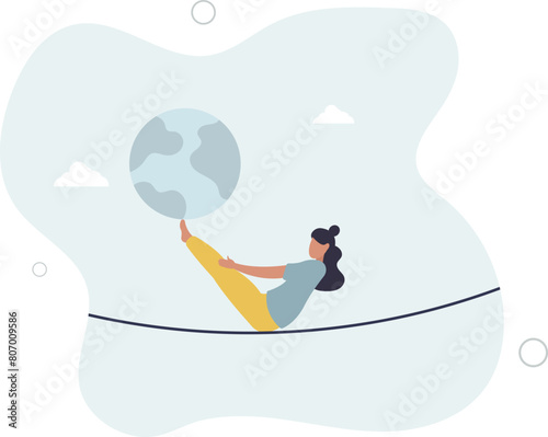 businesswoman leader acrobat try to balance world globe .flat vector illustration.